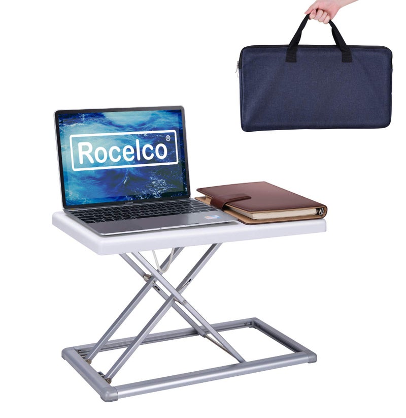 Rocelco 19 Portable Laptop Riser Height Adjustable Travel Standing Desk Converter Premium Compact Sit Standup Keyboard Monitor Rising Workstation with Carry Bag White R PDRW