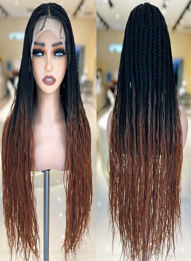 SOKU Single Full Lace Frontal Bohemian Box Braids Wigs for Women 32 Inch Ombre Brown Square Braided Wigs with Boho Curls Hand Made Lace Frontal Synthetic Wig with Baby Hair - Image 1
