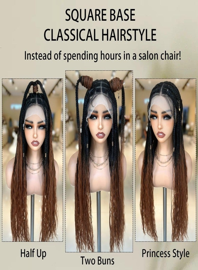 SOKU Single Full Lace Frontal Bohemian Box Braids Wigs for Women 32 Inch Ombre Brown Square Braided Wigs with Boho Curls Hand Made Lace Frontal Synthetic Wig with Baby Hair - Image 4