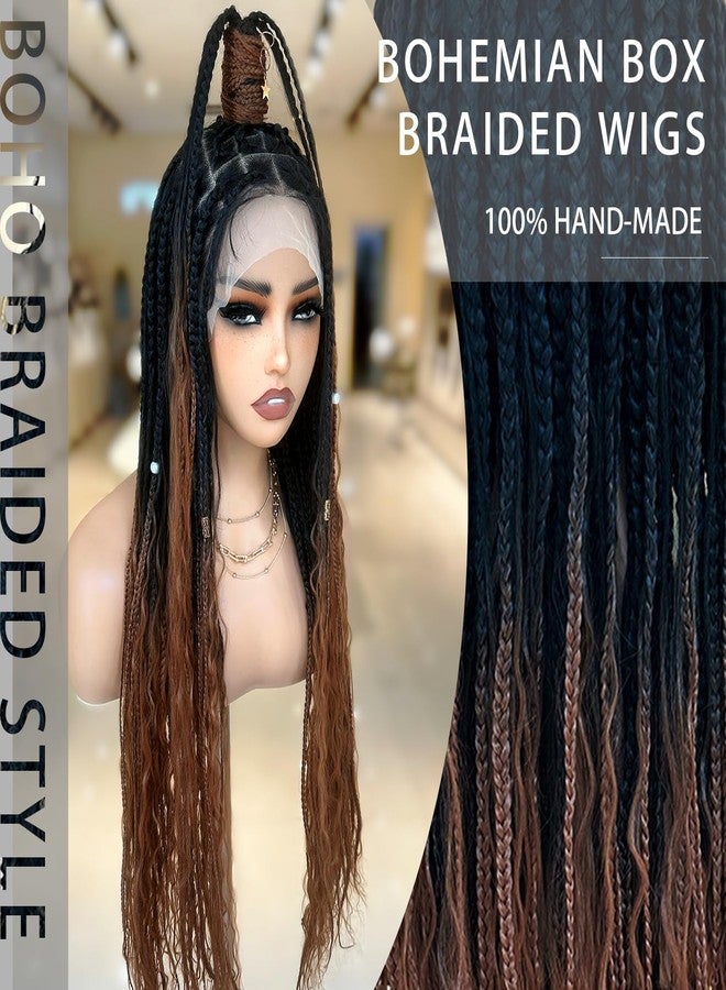 SOKU Single Full Lace Frontal Bohemian Box Braids Wigs for Women 32 Inch Ombre Brown Square Braided Wigs with Boho Curls Hand Made Lace Frontal Synthetic Wig with Baby Hair - Image 3