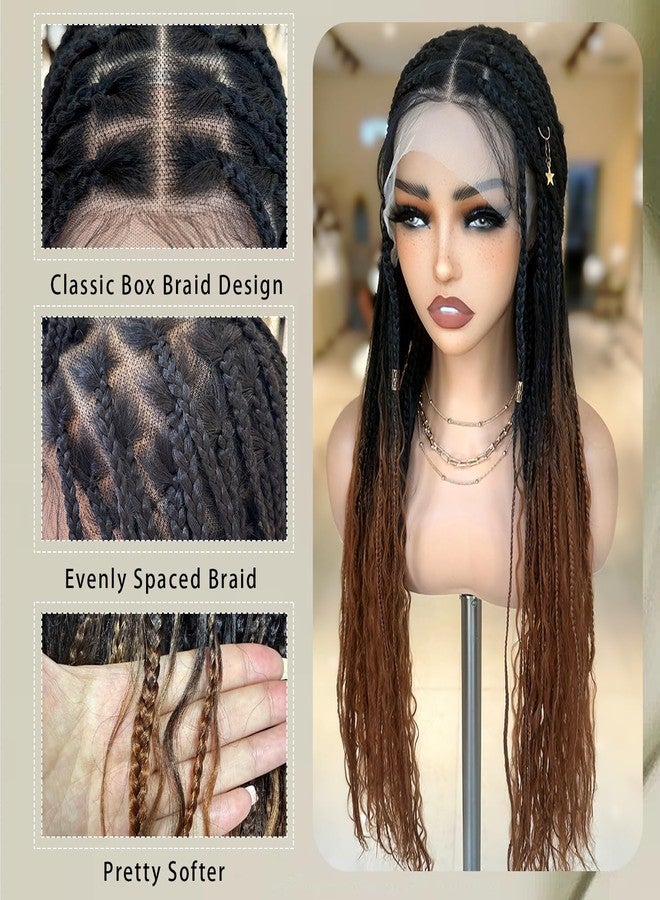 SOKU Single Full Lace Frontal Bohemian Box Braids Wigs for Women 32 Inch Ombre Brown Square Braided Wigs with Boho Curls Hand Made Lace Frontal Synthetic Wig with Baby Hair - Image 2