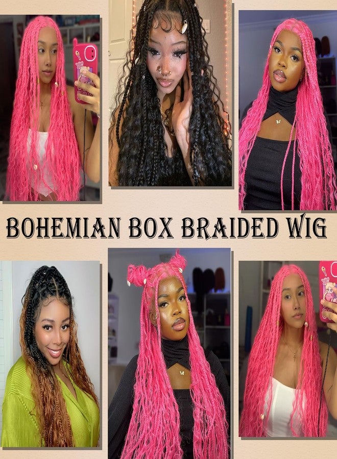SOKU Single Full Lace Frontal Bohemian Box Braids Wigs for Women 32 Inch Ombre Brown Square Braided Wigs with Boho Curls Hand Made Lace Frontal Synthetic Wig with Baby Hair - Image 5