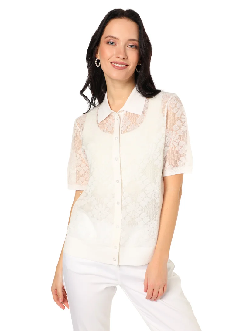 La Lindeza Women's Cotton Knitted lace cardigan 3/4 Sleeve White
