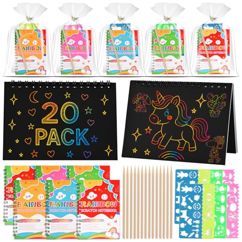 GOLDGE 20 Pack Rainbow Scratch Notebook Scratch Art Party Favors for Kids Bulk Goodie Bags Stuffers Girls Boys Classroom Prizes Return Gifts for Birthday Party Christmas Halloween Art Craft - Image 1