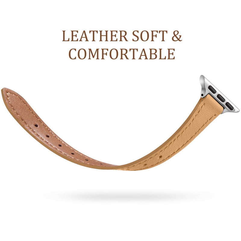 Charlam Compatible with Apple Watch Bands for Women 41mm 40mm 38mm 42mm 44mm 45mm 46mm,Top Grain Soft Leather Bands for Slim Wristband for iWatch SE,iWatch Series 11 10 9 8 7 6 5 4 3 2 1,Camel/Silver - Image 3