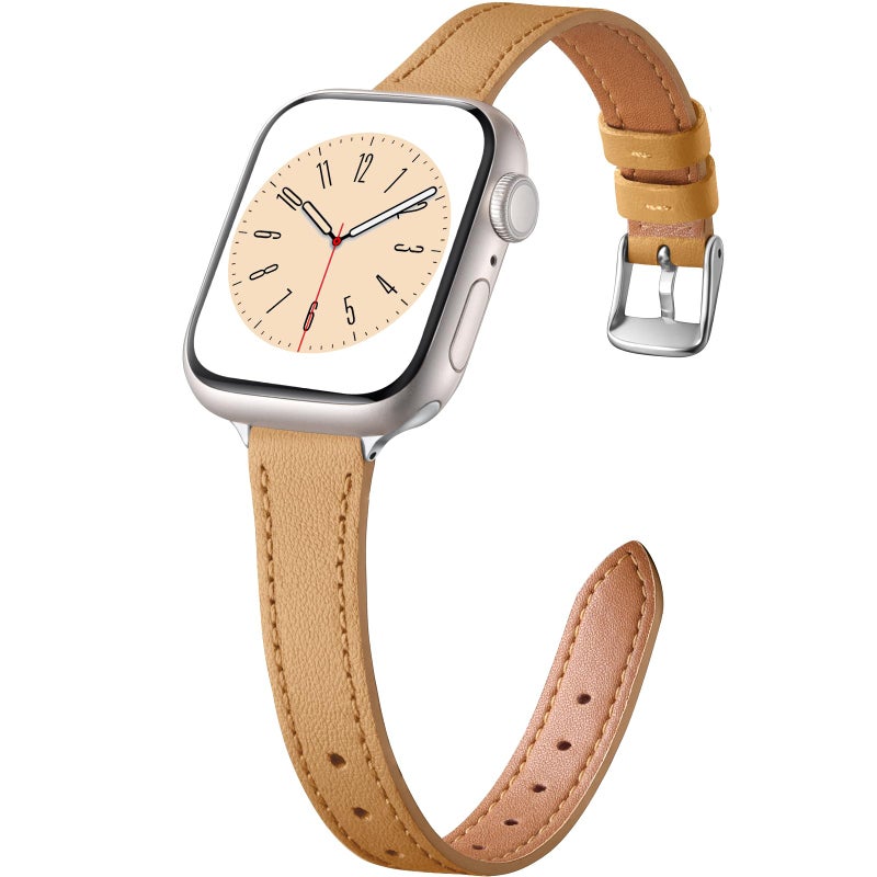 Charlam Compatible with Apple Watch Bands for Women 41mm 40mm 38mm 42mm 44mm 45mm 46mm,Top Grain Soft Leather Bands for Slim Wristband for iWatch SE,iWatch Series 11 10 9 8 7 6 5 4 3 2 1,Camel/Silver - Image 1