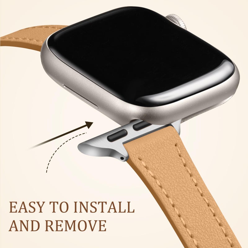 Charlam Compatible with Apple Watch Bands for Women 41mm 40mm 38mm 42mm 44mm 45mm 46mm,Top Grain Soft Leather Bands for Slim Wristband for iWatch SE,iWatch Series 11 10 9 8 7 6 5 4 3 2 1,Camel/Silver - Image 4