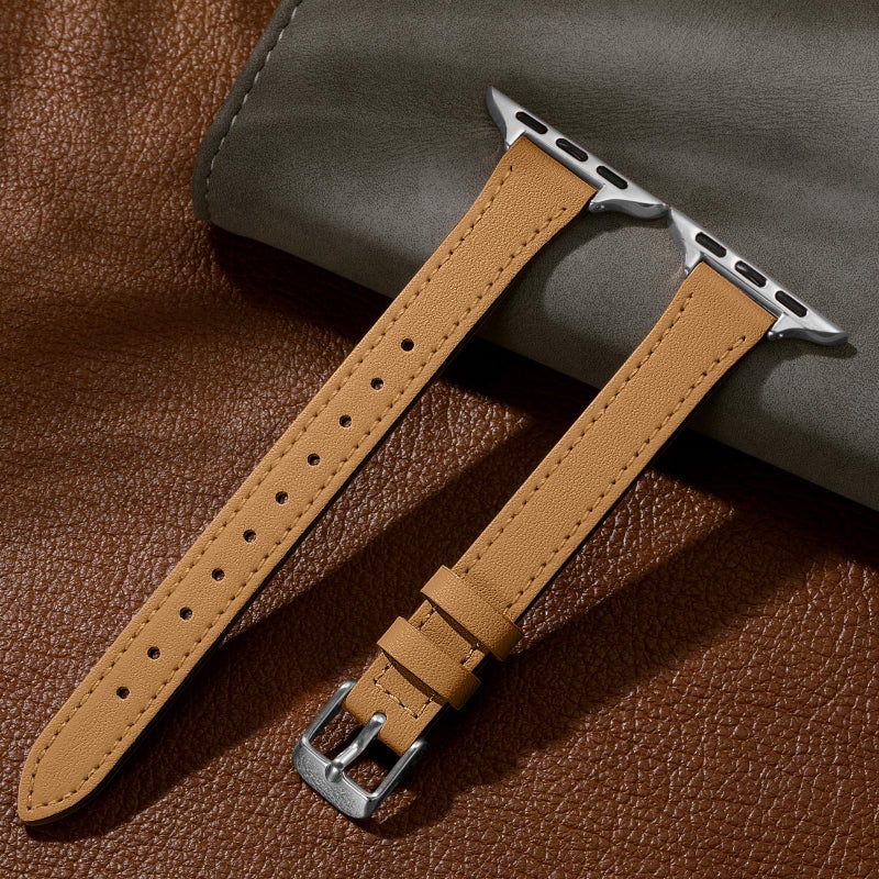 Charlam Compatible with Apple Watch Bands for Women 41mm 40mm 38mm 42mm 44mm 45mm 46mm,Top Grain Soft Leather Bands for Slim Wristband for iWatch SE,iWatch Series 11 10 9 8 7 6 5 4 3 2 1,Camel/Silver - Image 5
