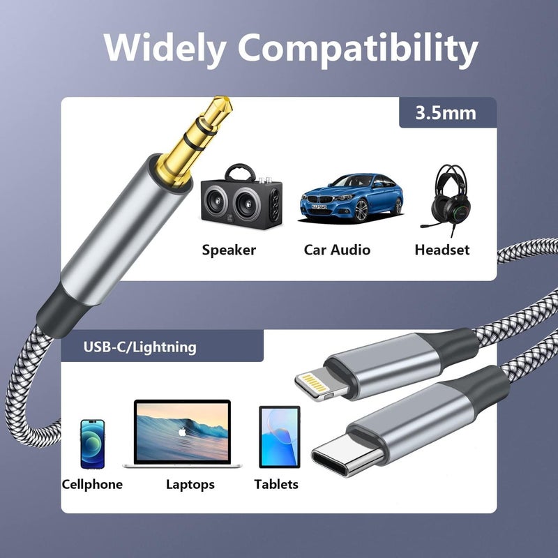 UWOXX Aux Audio Cable for iPhone, 2 in 1 USB C to 3.5mm Aux Audio Lightning to 3.5mm Audio Cable Fit with iPhone 17 16 15 Plus/14/13/12/11/XR, Galaxy S24/S23/S22, Pixel 8/7/6, iPad to Car Stereo Speaker 4FT - Image 4