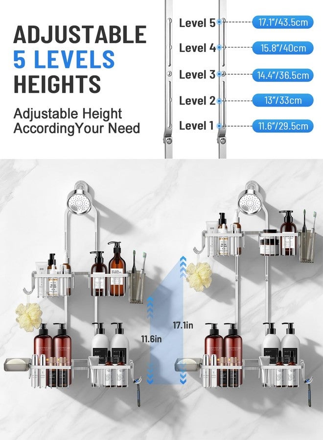 MSAICOE Adjustable Shower Caddy Hanging for Handheld Showerheads - Never Rust Shower Hanging Organizer, Upgraded Bathroom Shower Rack with Soap Basket, Hooks and Toothbrush Holder (Silver) - Image 4