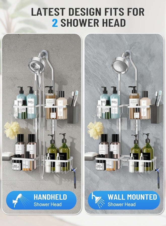 MSAICOE Adjustable Shower Caddy Hanging for Handheld Showerheads - Never Rust Shower Hanging Organizer, Upgraded Bathroom Shower Rack with Soap Basket, Hooks and Toothbrush Holder (Silver) - Image 3