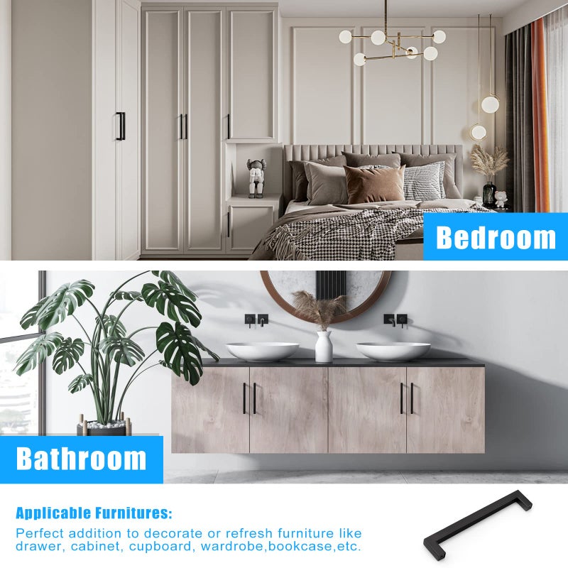 Knobwell 15 Pack 6-3/10"" Matte Black Stainless Steel Cabinet Handles Modern Drawer Pulls Square Bar Kitchen Cabinet Handles 6-3/10"" Hole Center 6-7/10"" Overall Length - Image 3