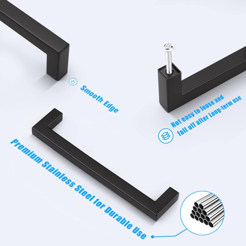 Knobwell 15 Pack 6-3/10"" Matte Black Stainless Steel Cabinet Handles Modern Drawer Pulls Square Bar Kitchen Cabinet Handles 6-3/10"" Hole Center 6-7/10"" Overall Length - Image 5