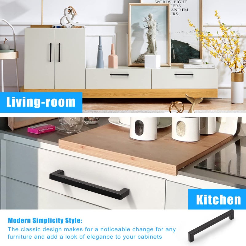 Knobwell 15 Pack 6-3/10"" Matte Black Stainless Steel Cabinet Handles Modern Drawer Pulls Square Bar Kitchen Cabinet Handles 6-3/10"" Hole Center 6-7/10"" Overall Length - Image 2