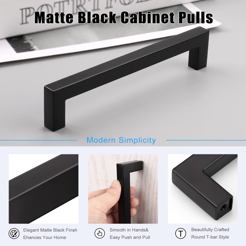 Knobwell 15 Pack 6-3/10"" Matte Black Stainless Steel Cabinet Handles Modern Drawer Pulls Square Bar Kitchen Cabinet Handles 6-3/10"" Hole Center 6-7/10"" Overall Length - Image 4