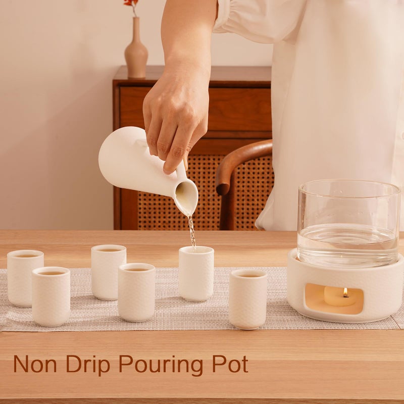 ZENS Sake Set with Warmer, 12 Ounce Embossed Ceramic Sake Bottle 6 Sake Cups and Glass Pot for Hot or Cold Japanese Sake, Sake Carafe Gift Sets with Cotton Towel - Image 5