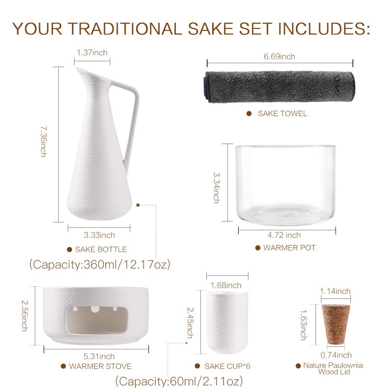 ZENS Sake Set with Warmer, 12 Ounce Embossed Ceramic Sake Bottle 6 Sake Cups and Glass Pot for Hot or Cold Japanese Sake, Sake Carafe Gift Sets with Cotton Towel - Image 3