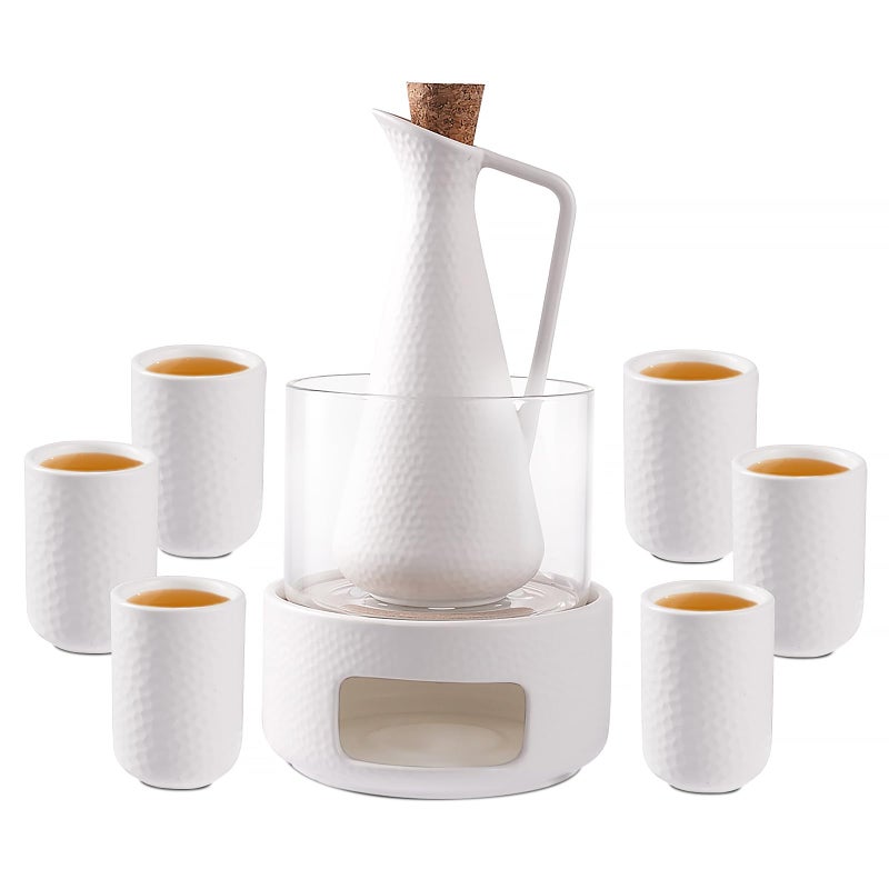 ZENS Sake Set with Warmer, 12 Ounce Embossed Ceramic Sake Bottle 6 Sake Cups and Glass Pot for Hot or Cold Japanese Sake, Sake Carafe Gift Sets with Cotton Towel - Image 1
