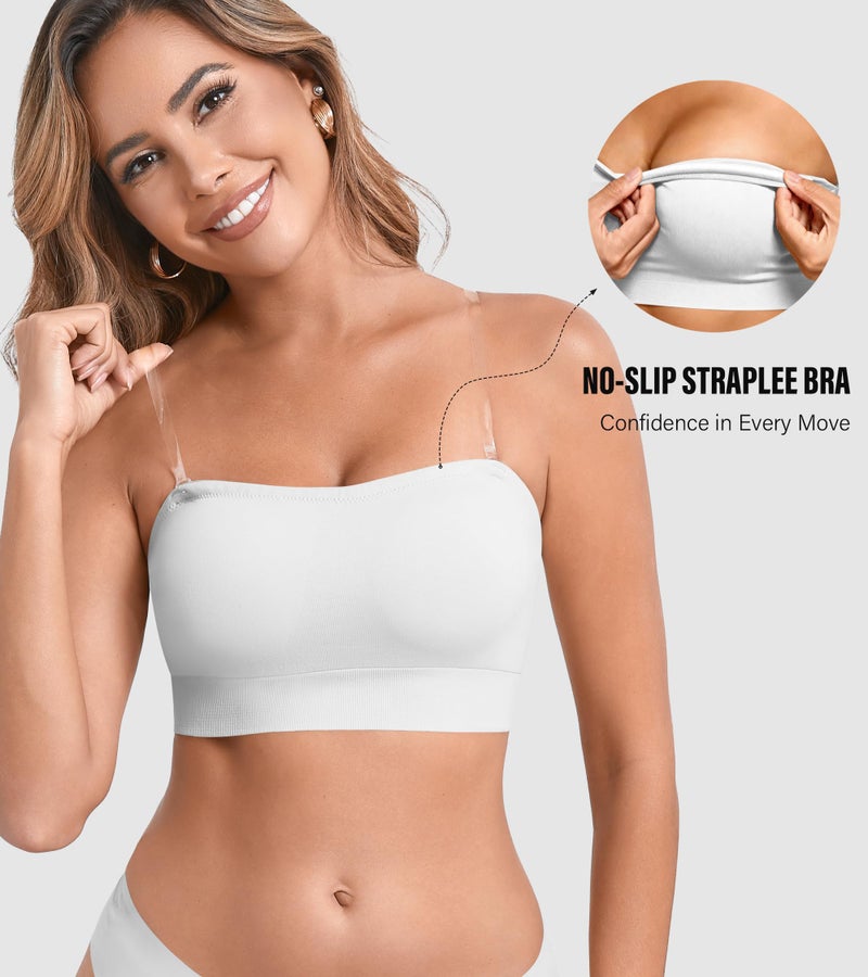DEANGELMON Strapless Bras for Women Comfort Non-Slip Seamless Padded Bralette Clear Straps Wireless Tube Top Bra White Large - Image 3