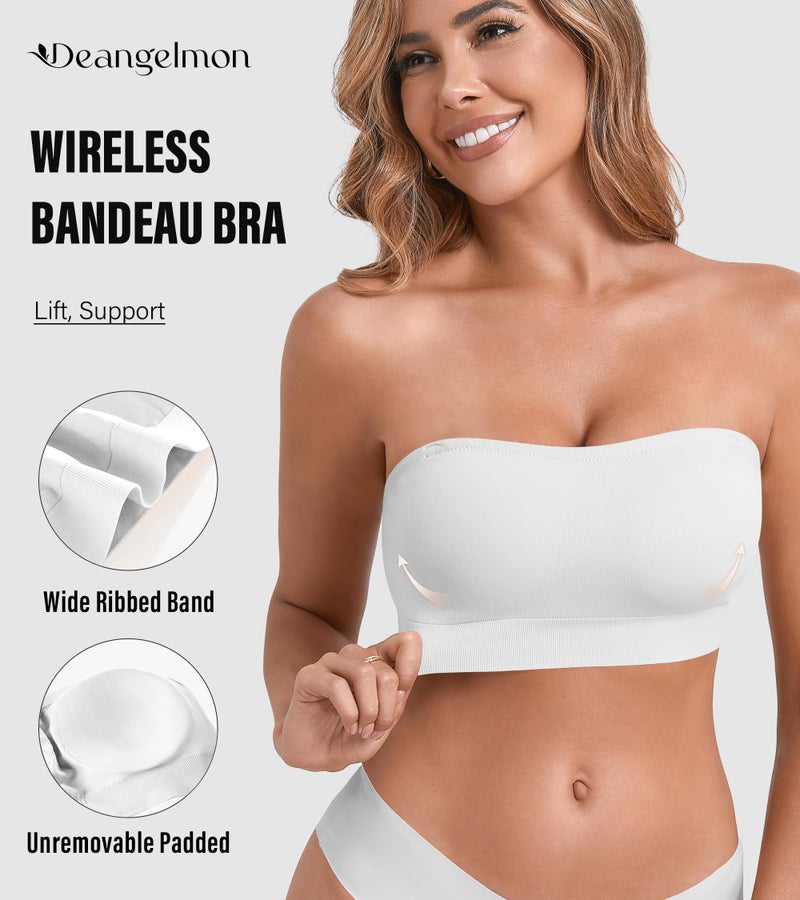 DEANGELMON Strapless Bras for Women Comfort Non-Slip Seamless Padded Bralette Clear Straps Wireless Tube Top Bra White Large - Image 2