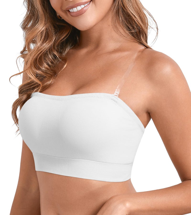 DEANGELMON Strapless Bras for Women Comfort Non-Slip Seamless Padded Bralette Clear Straps Wireless Tube Top Bra White Large - Image 1