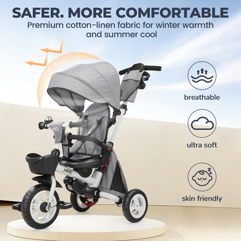 JMMD 8 in 1 Tricycle Stroller with Push Handle, Foldable Trike with 360Â° Swivel Seat, Reclining Backrest, All-Terrain Wheels, Dual Brakes, Canopy & Storage, Gift for Kids 18 Months to 5 Years, Gray - Image 5
