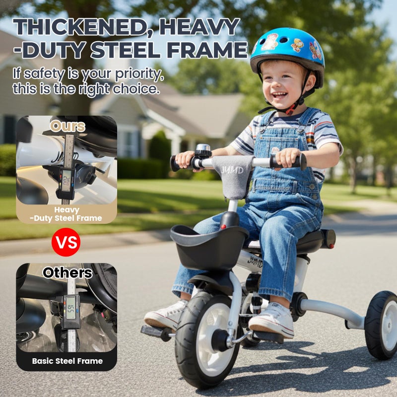 JMMD 8 in 1 Tricycle Stroller with Push Handle, Foldable Trike with 360Â° Swivel Seat, Reclining Backrest, All-Terrain Wheels, Dual Brakes, Canopy & Storage, Gift for Kids 18 Months to 5 Years, Gray - Image 4