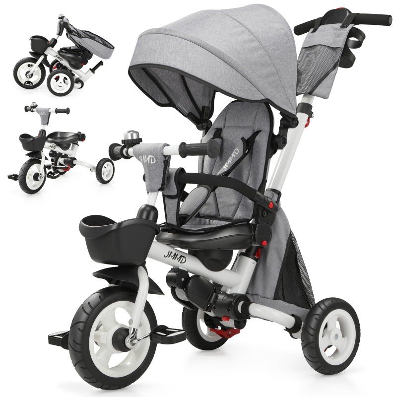 JMMD 8 in 1 Tricycle Stroller with Push Handle, Foldable Trike with 360Â° Swivel Seat, Reclining Backrest, All-Terrain Wheels, Dual Brakes, Canopy & Storage, Gift for Kids 18 Months to 5 Years, Gray - Image 1