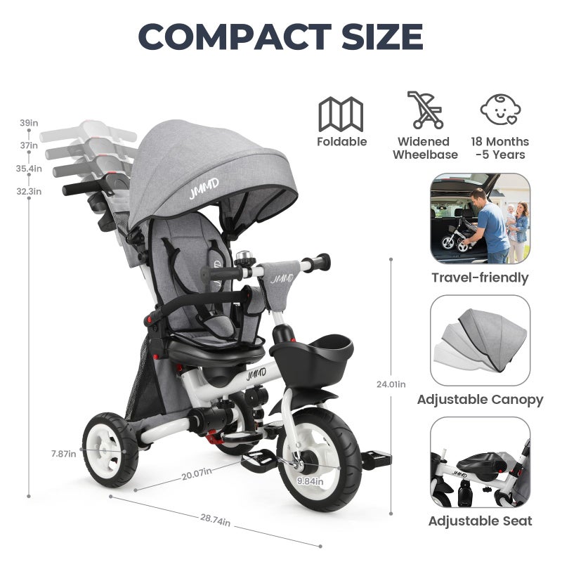 JMMD 8 in 1 Tricycle Stroller with Push Handle, Foldable Trike with 360Â° Swivel Seat, Reclining Backrest, All-Terrain Wheels, Dual Brakes, Canopy & Storage, Gift for Kids 18 Months to 5 Years, Gray - Image 3