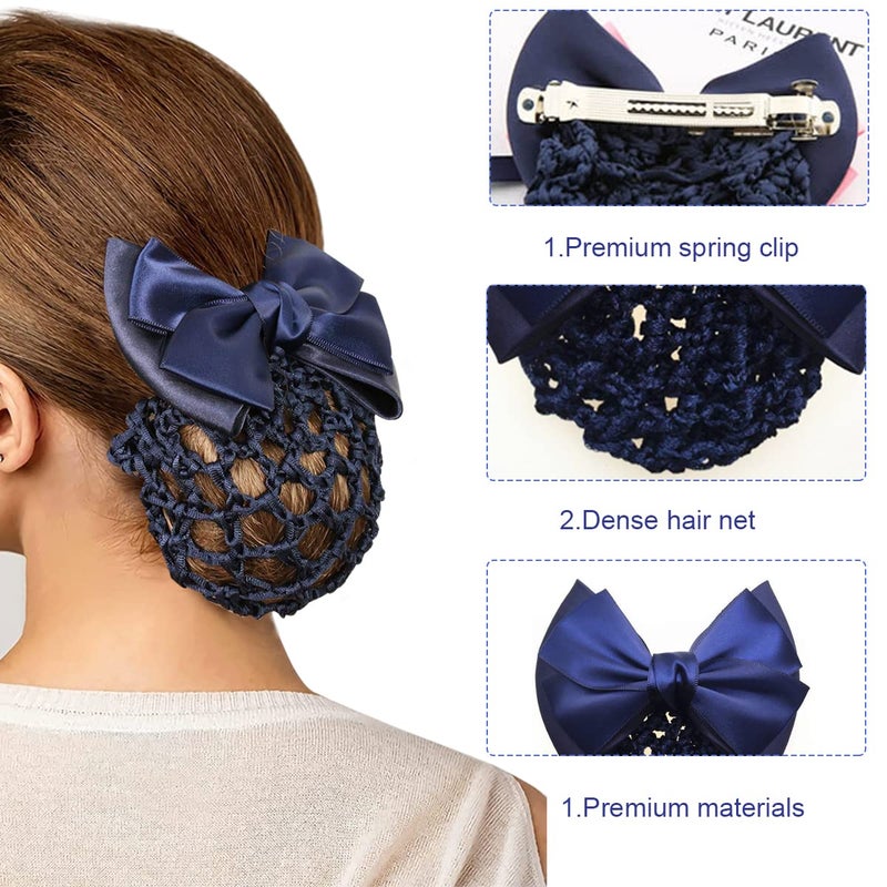MAYCREATE Bow Hair Bun Net Large Bownot Barrettes with Hair Snood Net for Women Spring Hair Clip Bun Cover Hairnet for Dancer Daily Work etc blue - Image 2