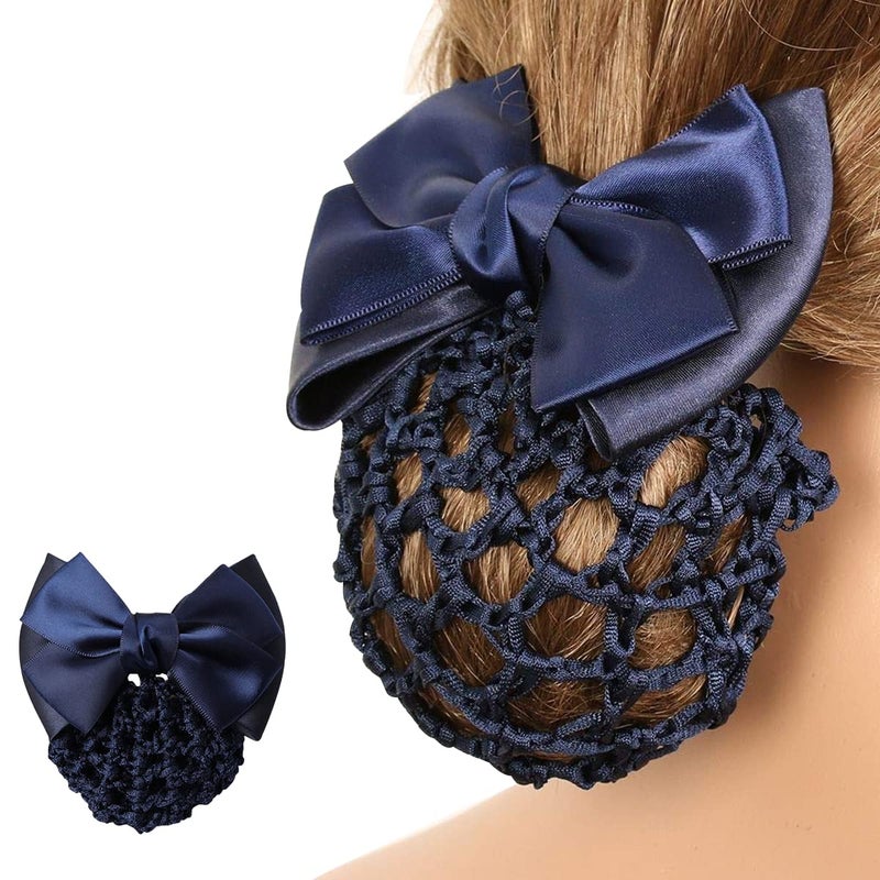MAYCREATE Bow Hair Bun Net Large Bownot Barrettes with Hair Snood Net for Women Spring Hair Clip Bun Cover Hairnet for Dancer Daily Work etc blue - Image 1