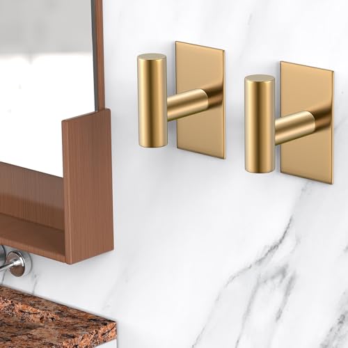 VAEHOLD Wall Towel Hooks, Heavy Duty Sticky Holder Waterproof Towel Hooks for Hanging Coat, Clothes, Closet Hook Wall Mount for Kitchen (Gold, 2 Pack) - Image 3