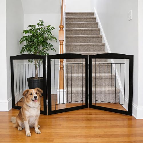 ZJSF Freestanding Foldable Dog Gate for House Extra Wide Wooden Black Indoor Puppy Gate Stairs Doorways Pet Gate Tall Dog Fence 3 Panels Fence - Image 3
