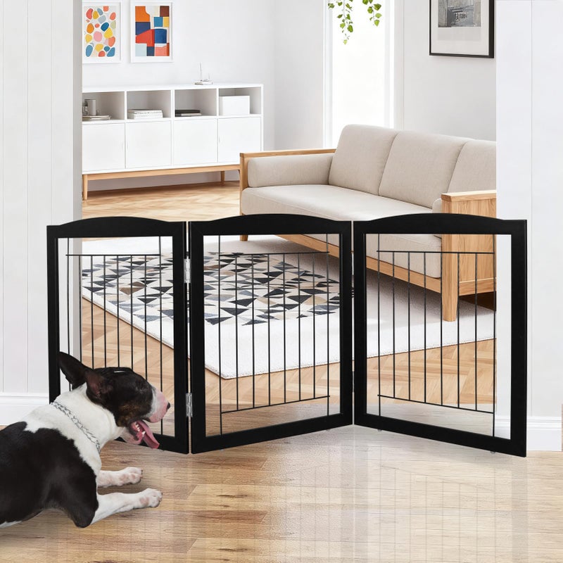ZJSF Freestanding Foldable Dog Gate for House Extra Wide Wooden Black Indoor Puppy Gate Stairs Doorways Pet Gate Tall Dog Fence 3 Panels Fence - Image 2