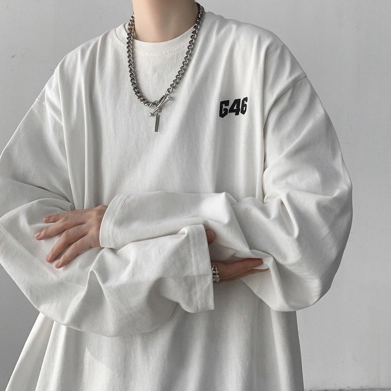 White Trendy Brand T-Shirt Men'S Shoulder Oversize Sweater High Street Vibe Base Shirt Long Sleeve T-Shirt - Image 2