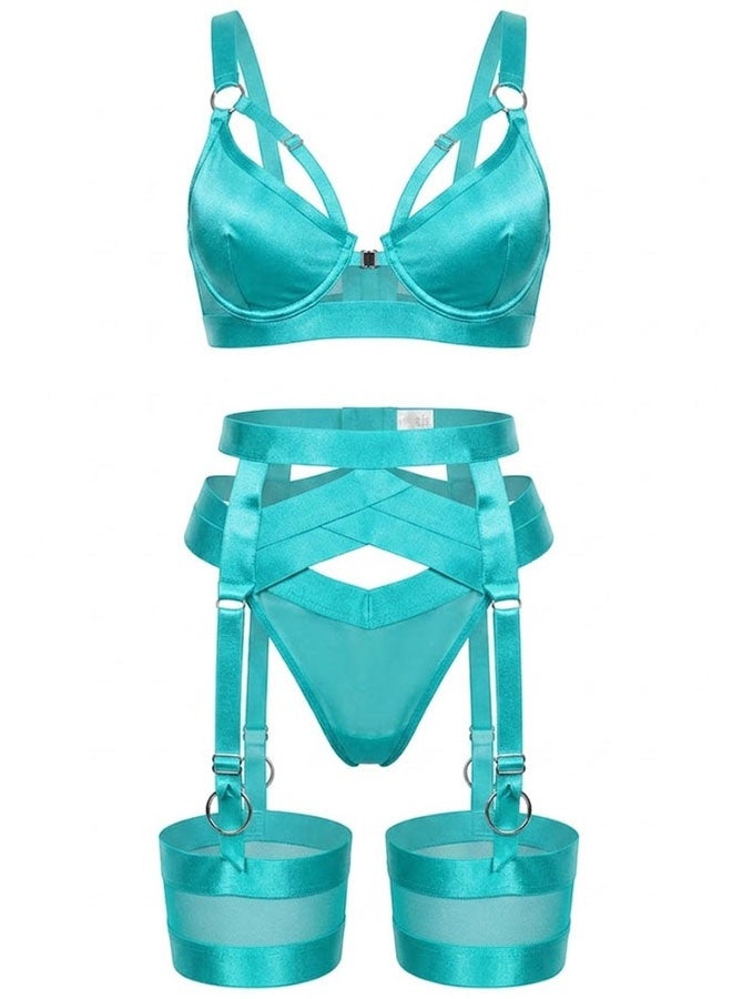 MARGOUN Women's 4-Piece Strappy Lingerie Set with Garter Belt, Underwire Strappy Bra, Cutout High-Waisted Cincher, Thong, and Thigh-High Stockings Exotic Underwear Ensemble - Acqua - Image 3