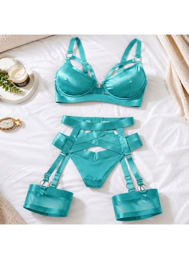 MARGOUN Women's 4-Piece Strappy Lingerie Set with Garter Belt, Underwire Strappy Bra, Cutout High-Waisted Cincher, Thong, and Thigh-High Stockings Exotic Underwear Ensemble - Acqua - Image 4