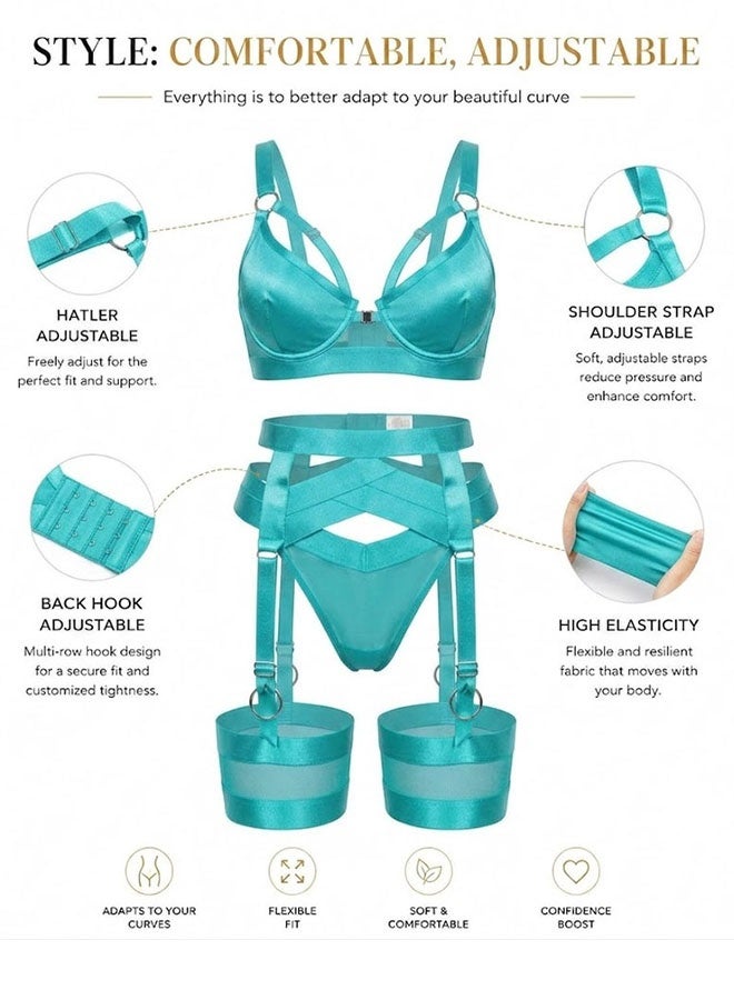 MARGOUN Women's 4-Piece Strappy Lingerie Set with Garter Belt, Underwire Strappy Bra, Cutout High-Waisted Cincher, Thong, and Thigh-High Stockings Exotic Underwear Ensemble - Acqua - Image 5