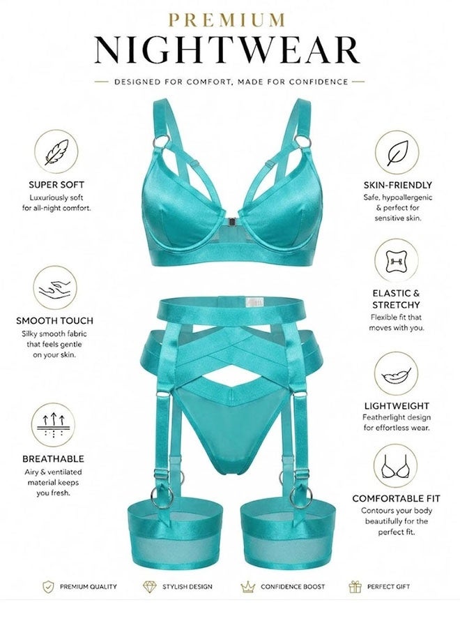 MARGOUN Women's 4-Piece Strappy Lingerie Set with Garter Belt, Underwire Strappy Bra, Cutout High-Waisted Cincher, Thong, and Thigh-High Stockings Exotic Underwear Ensemble - Acqua - Image 2
