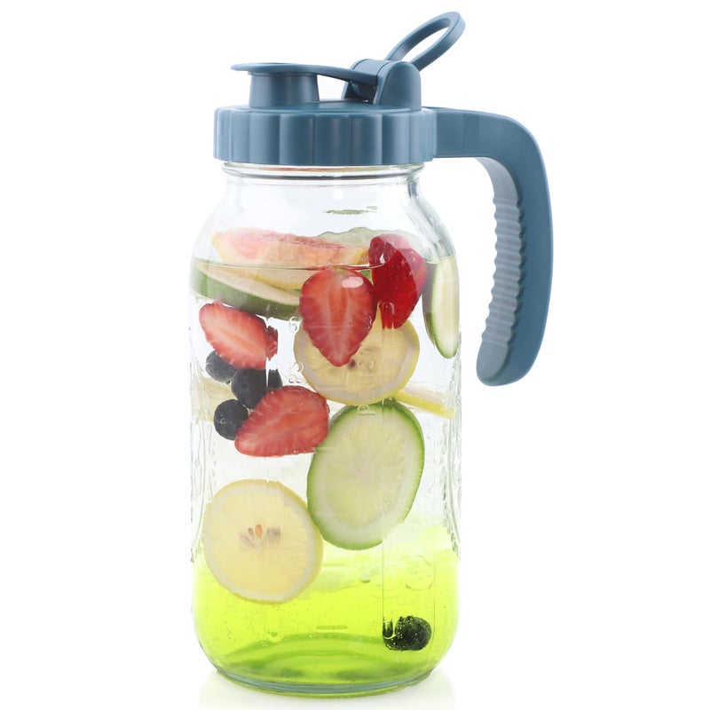 GMAEURL Mason Jar Pitcher 2 Quart With Pour Spout Lids 64 OZ Wide Mouth Water Pitcher Airtight And Leakproof Glass Carafe With Handle And Flip Cap For Milk, Iced Tea, Cold Brew Coffee, Juice, Infused Water - Image 1