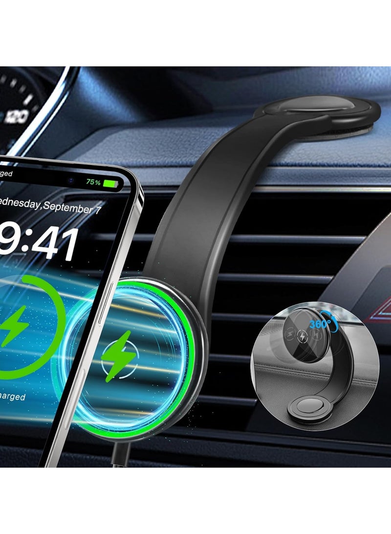 Upgraded Magnetic Wireless Car Charger, 15W Fast Charging for MagSafe Car Mount Charger with 360° Adjustable Arm, Relocatable Cell Phone Holder for iPhone, Samsung Galaxy, Google Pixel, Gifts for Men - Image 1