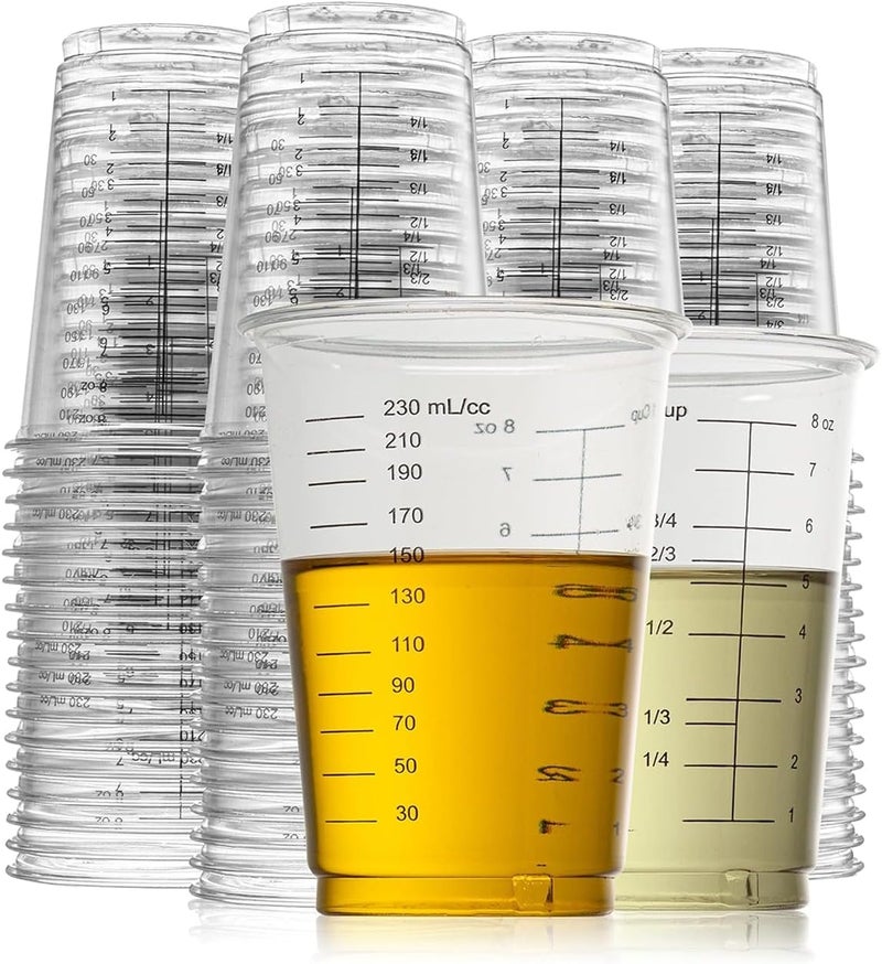 Prestee 50 Disposable Measuring Cups 8 oz - Plastic Paint Measuring Cups and Disposable Mixing Cups for Epoxy Resin - Versatile, Clear Measurement for Wet and Dry Ingredients for Baking and Crafting - Image 1