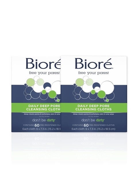 Daily Make Up Removing Cloths, Facial Cleansing Wipes with Dirt-grabbing Fibers for Deep Pore Cleansing without Oily Residue, 60 Count (Pack of 2)