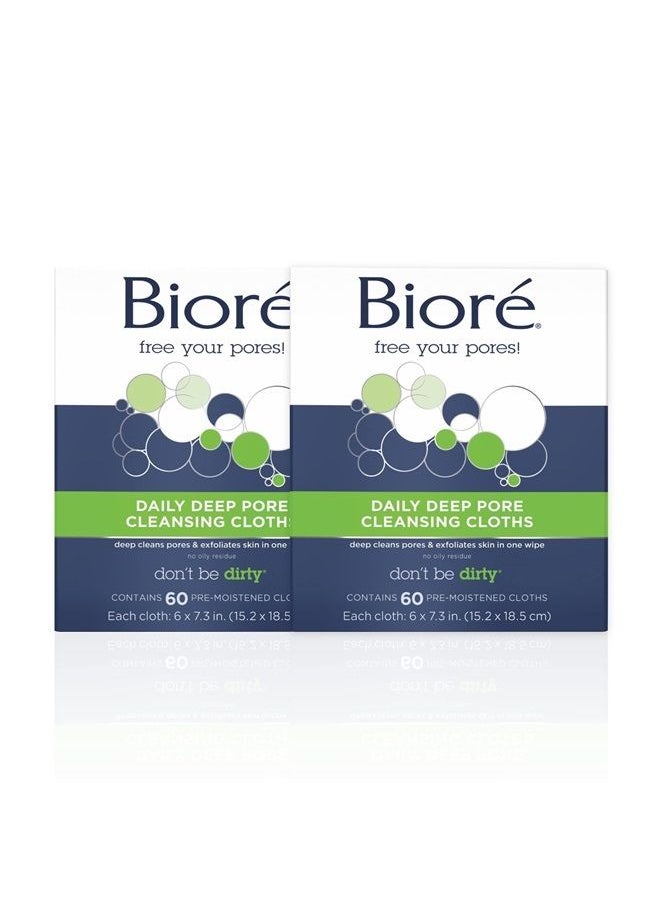 Bioré - Daily Make Up Removing Cloths, Facial Cleansing Wipes with Dirt-grabbing Fibers for Deep Pore Cleansing without Oily Residue, 60 Count (Pack of 2) - Image 1