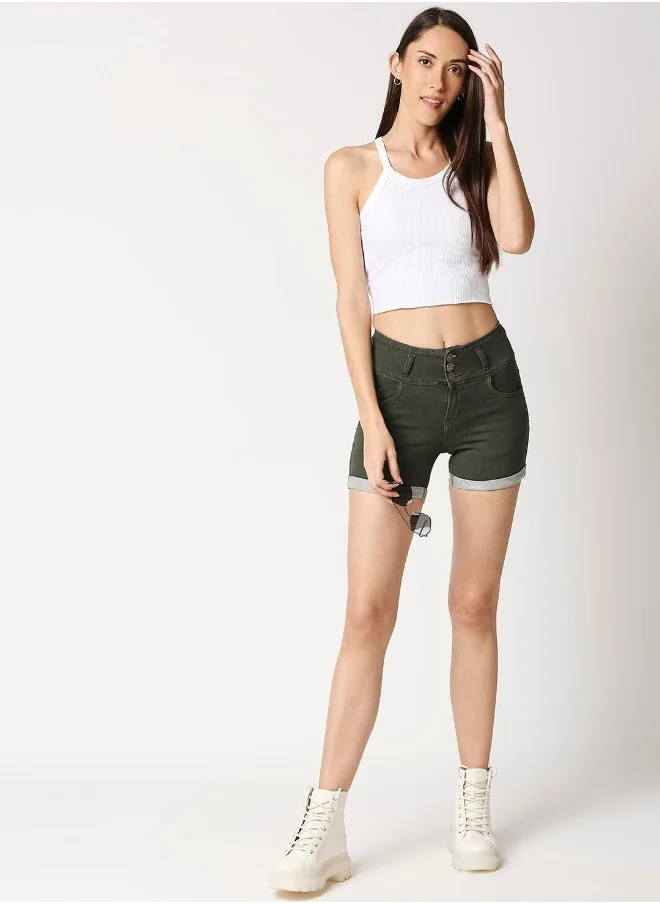 HIGH STAR Women Olive Green Solid Slim Fit Denim Stretchable Shorts