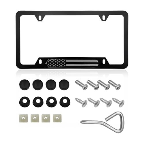 Gasedin Flag License Plate Frame American Flag Patriotic Stainless Steel Auto Plate Cover Vintage US RustProof Vehicle License Plate Holder Universal Car Accessories Black - Image 1
