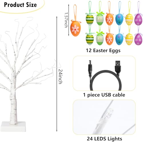 ZYP 24 Easter Lighted Birch Tree with 12pcs Ornaments Warm White LEDs Tabletop Artificial Tree 8 Lighting Modes USB or Batteries Operated with Timer for Easter Decor - Image 3