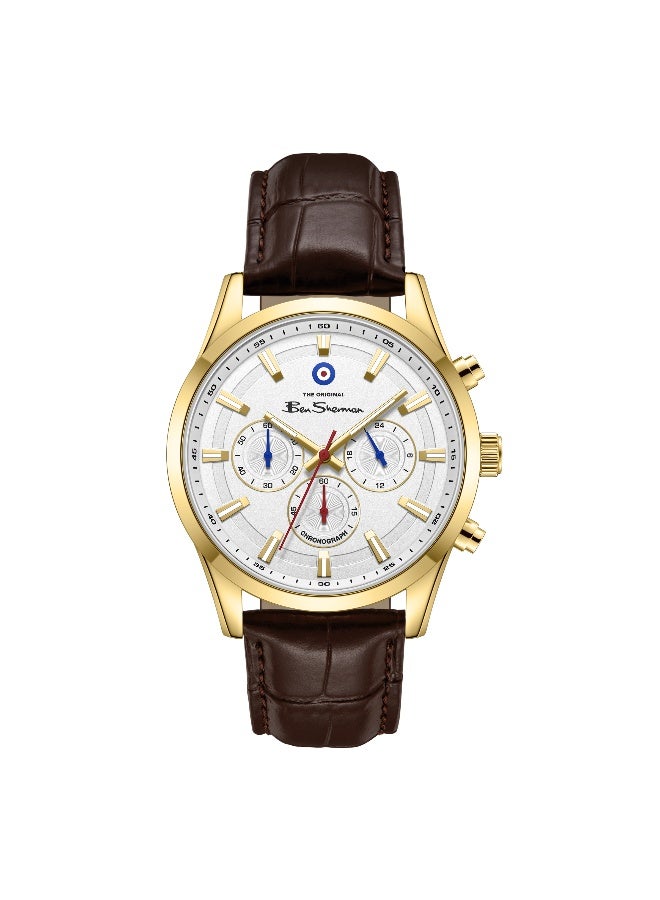 Ben Sherman Cambridge White Dial Brown Genuine Leather Strap Chronograph Watch for Men, 42mm - Image 1