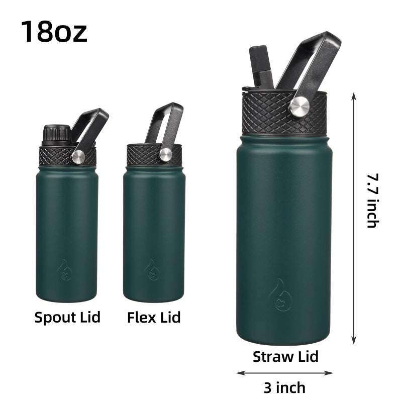 BJPKPK Insulated Water Bottles with Straw Lid, 18oz Stainless Steel Metal Water Bottle, Cold Hot Thermo with 3 Lids, Leak Proof BPA Free Travel Cup, Wide Mouth Flasks, Thermo-Army Green - Image 2