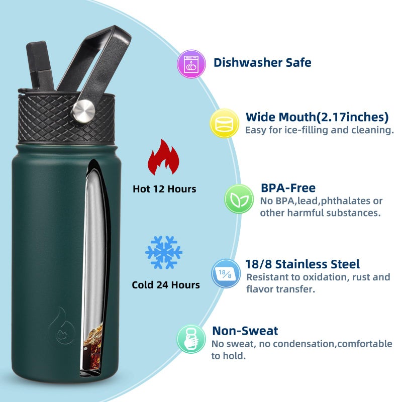 BJPKPK Insulated Water Bottles with Straw Lid, 18oz Stainless Steel Metal Water Bottle, Cold Hot Thermo with 3 Lids, Leak Proof BPA Free Travel Cup, Wide Mouth Flasks, Thermo-Army Green - Image 3